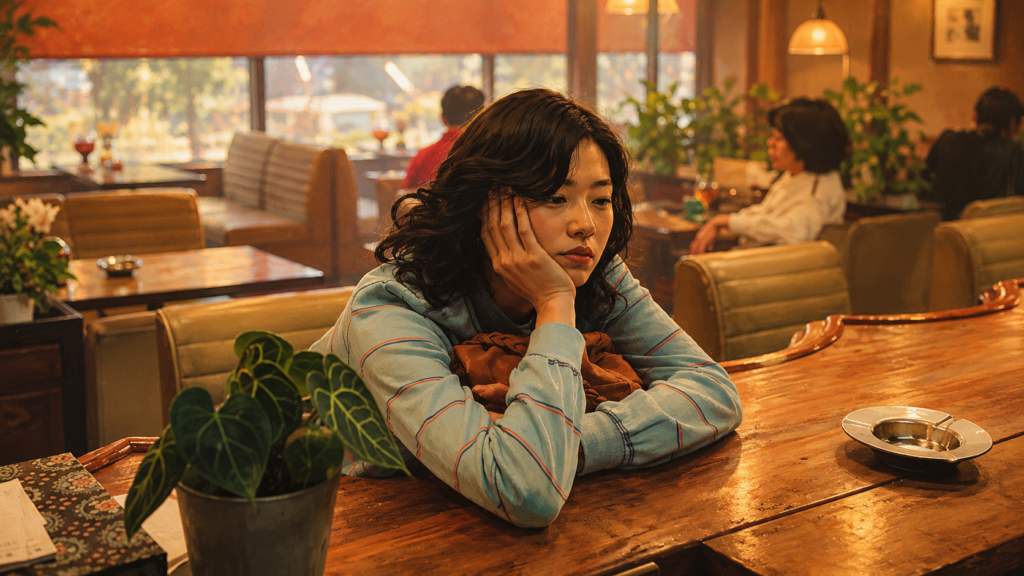 イメージ：昭和の喫茶店を思わせる店内で、カウンターに座り物思いにふける映画『FUJIKO』の富士子