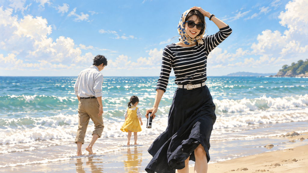 イメージ：青い海を背景に娘とともに新しい人生へ進もうとする映画『FUJIKO』の富士子