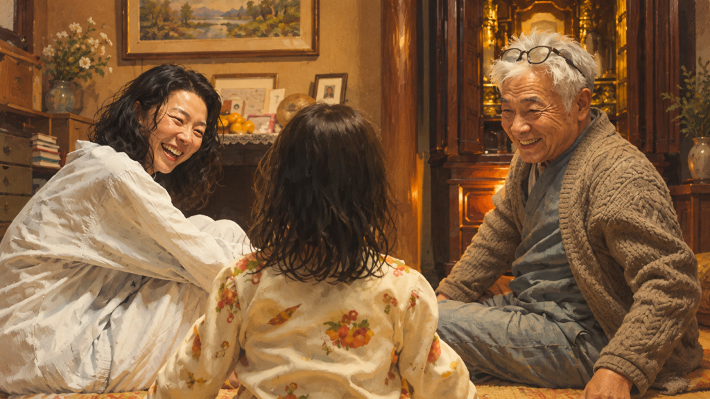 イメージ：麻里と大石を交えて笑顔で過ごす映画『FUJIKO』の富士子と温かな人間関係