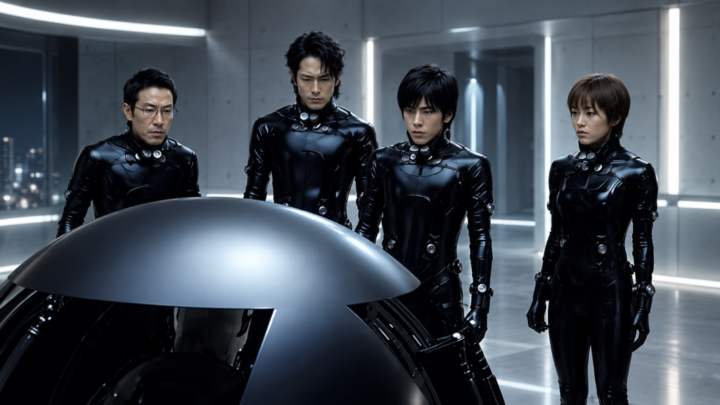 イメージ：映画GANTZの黒い球体を囲む黒いスーツ姿のメンバー