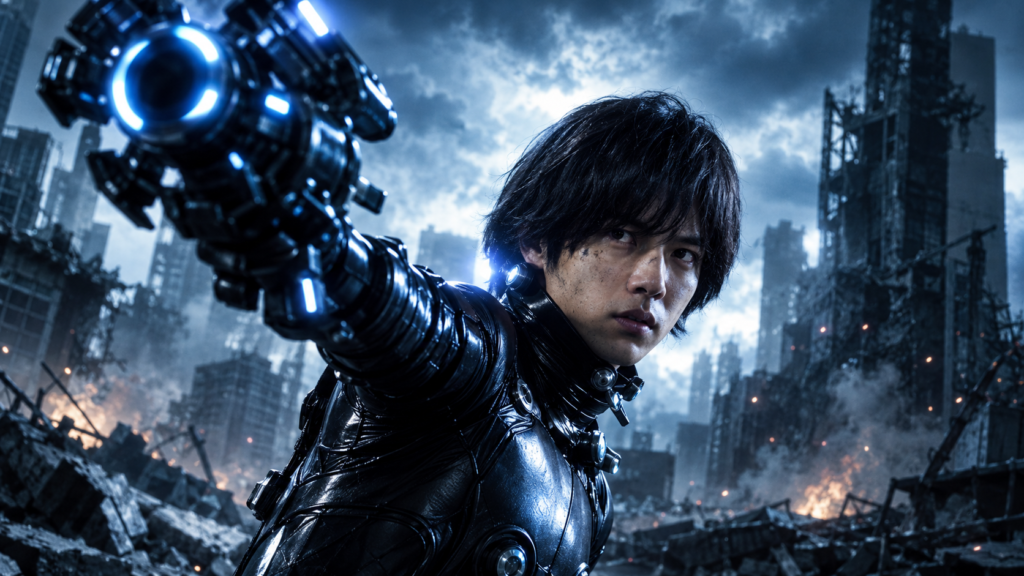 イメージ：映画GANTZで黒いガンツスーツ姿で武器を構える玄野計