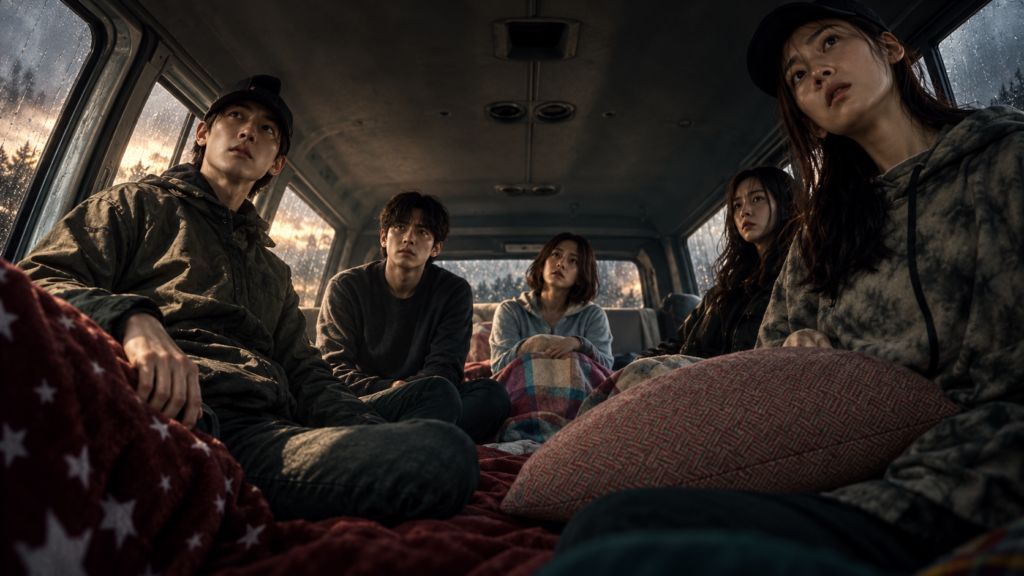 イメージ：映画『コンジアム』で心霊スポットへ向かう前に車内で集まるホラータイムズの若者たち