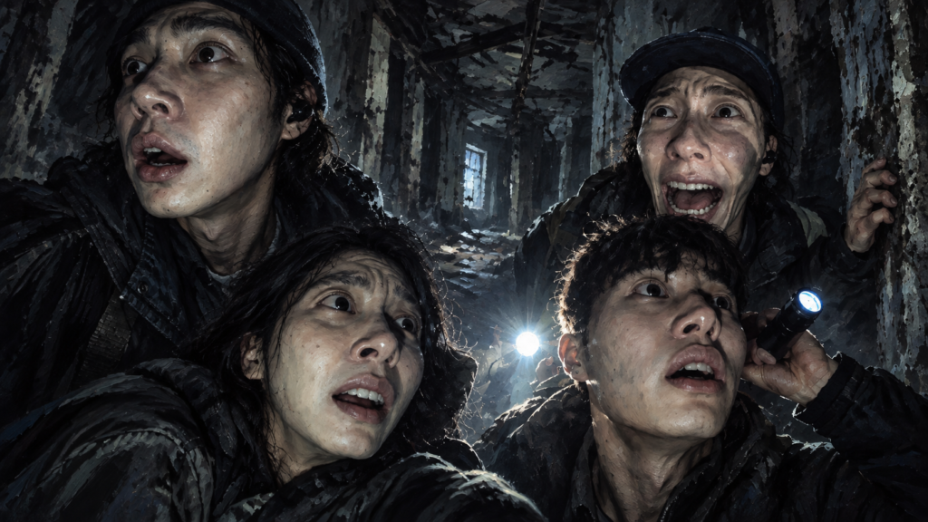 イメージ：映画『コンジアム』で廃病院の怪異に怯えながら周囲を警戒するホラータイムズのメンバー