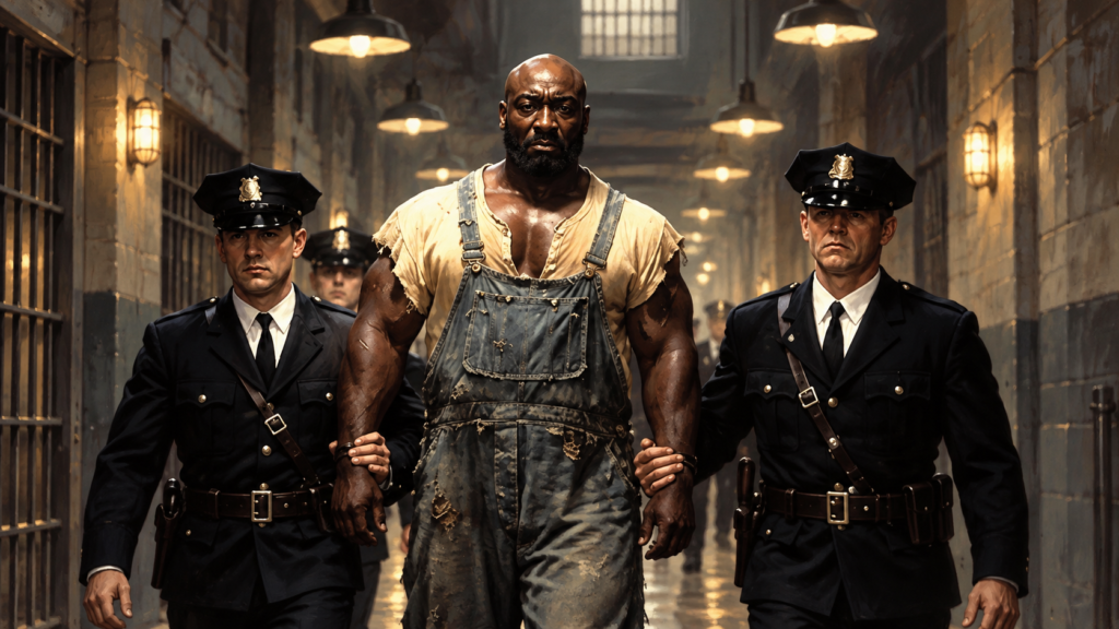 イメージ：映画『グリーンマイル』の刑務所の通路を看守に付き添われて歩く大柄なジョン