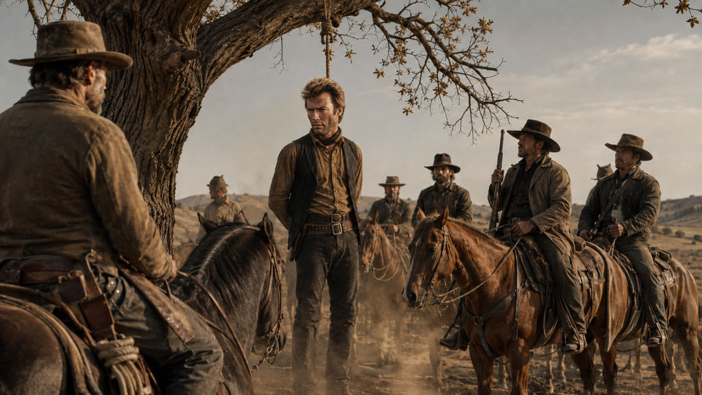 イメージ:映画『奴らを高く吊るせ!』でジェド・クーパーが9人の男たちに私刑で縛り首にされる