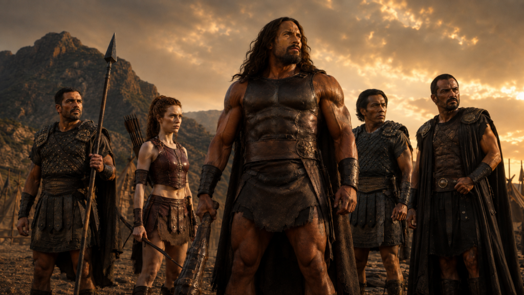 イメージ:映画『ヘラクレス』2014年版のヘラクレスとアムピアラオス、アタランテら傭兵仲間が古代の戦場に集う場面