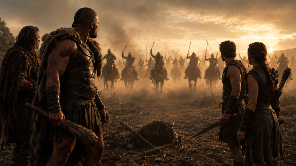 イメージ:映画『ヘラクレス』でケンタウロスと思われた騎兵隊の正体が馬に乗った人間だと判明する場面