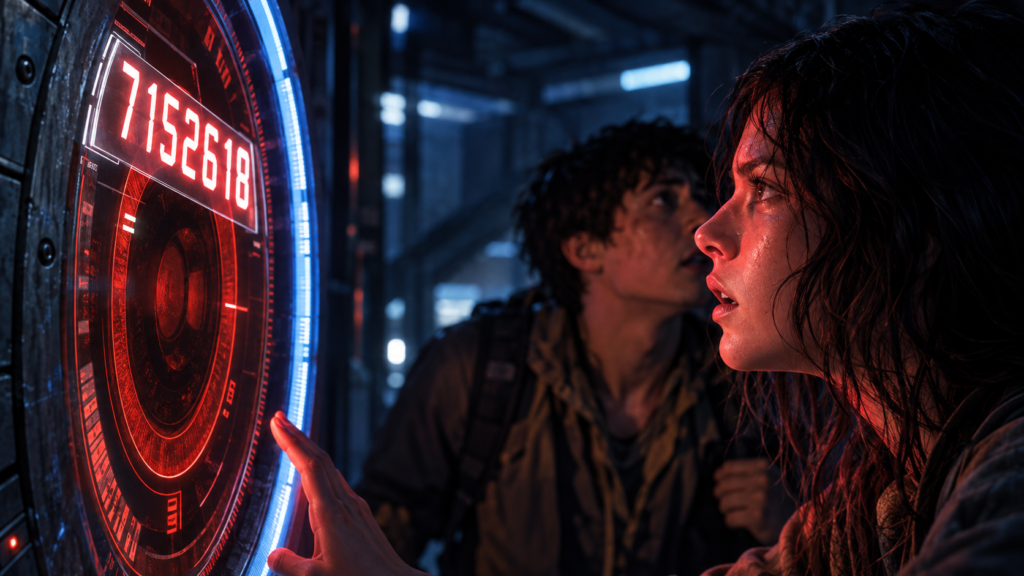 イメージ:『メイズ・ランナー』で迷路脱出のコードを入力する場面を赤く光る端末と若者たち