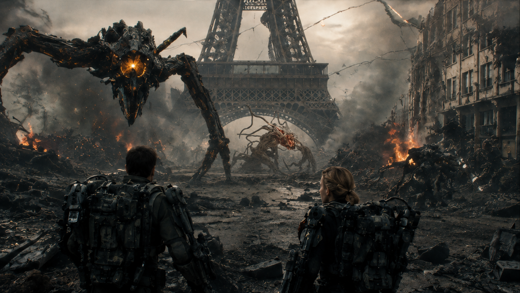 イメージ:『オール・ユー・ニード・イズ・キル』でパワードスーツ姿のケイジとリタが、壊滅したパリで巨大なギタイと対峙