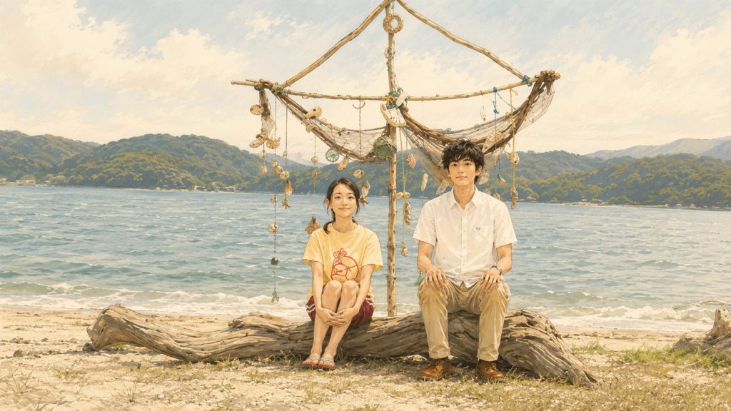 イメージ：映画『1秒先の彼』でレイカが止まったハジメを天橋立へ連れて行き、2人で海辺の時間を過ごす