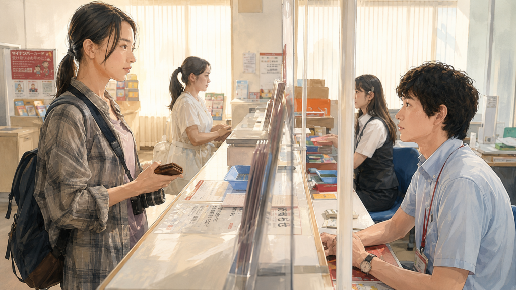 イメージ：映画『1秒先の彼』で郵便局の窓口で向き合うハジメとカメラを持ったレイカ
