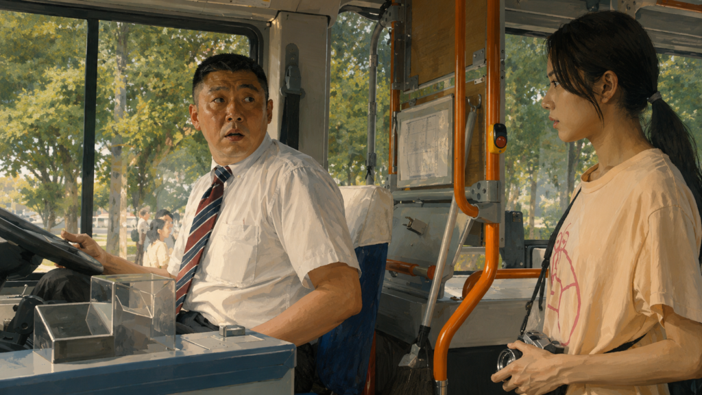 イメージ：映画『1秒先の彼』で時間が止まったバスの中、運転手と状況を確認するレイカ