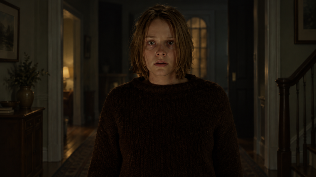 イメージ：映画『パニック・ルーム』で薄暗い屋敷の廊下で不安そうに前方を見つめるメグ