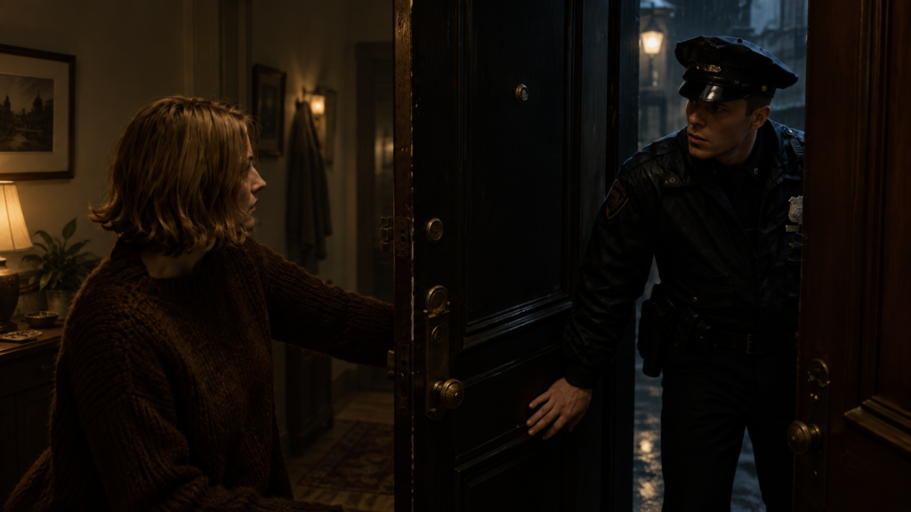 イメージ：映画『パニック・ルーム』で玄関先で女性と警察官が緊張した様子で向き合う場面
