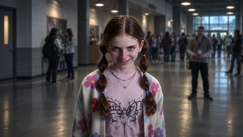 イメージ：『スマイル2』の笑顔の怪異を連想させる不気味な笑みを浮かべた少女