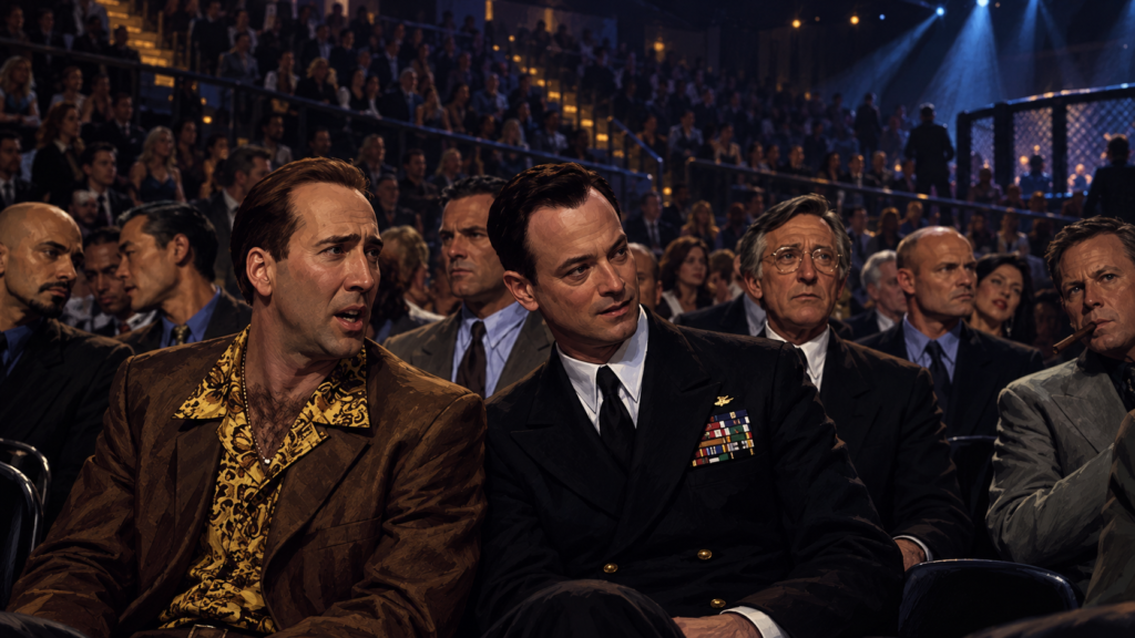 イメージ：映画『スネーク・アイズ』で満員のボクシング会場で警護にあたるリックと軍服姿ケヴィンが並ぶ場面