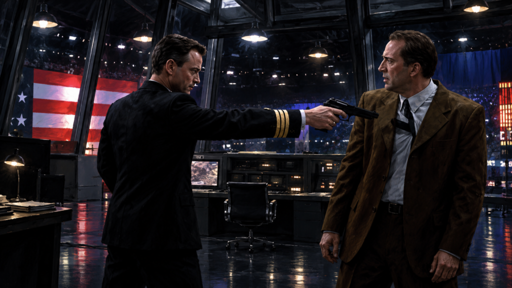 イメージ：映画『スネーク・アイズ』のケヴィンがスーツ姿のリックに銃を向ける対峙場面