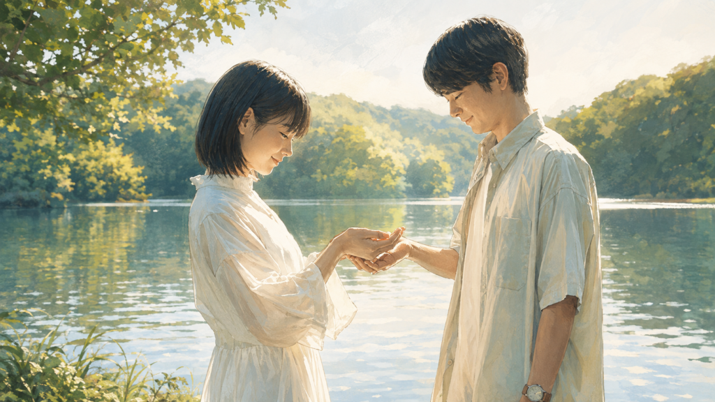 イメージ：湖のほとりで静かに手を取り合う萌と日向