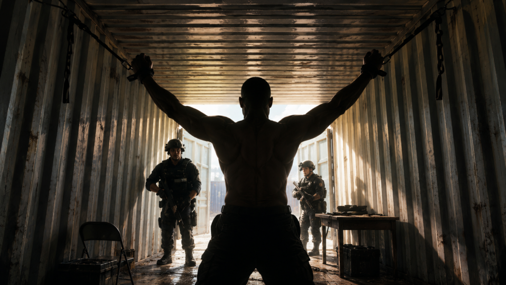 イメージ：S.W.A.T.隊員たちが金属コンテナ内で、謎の男スコーピオンを発見して対峙する場面