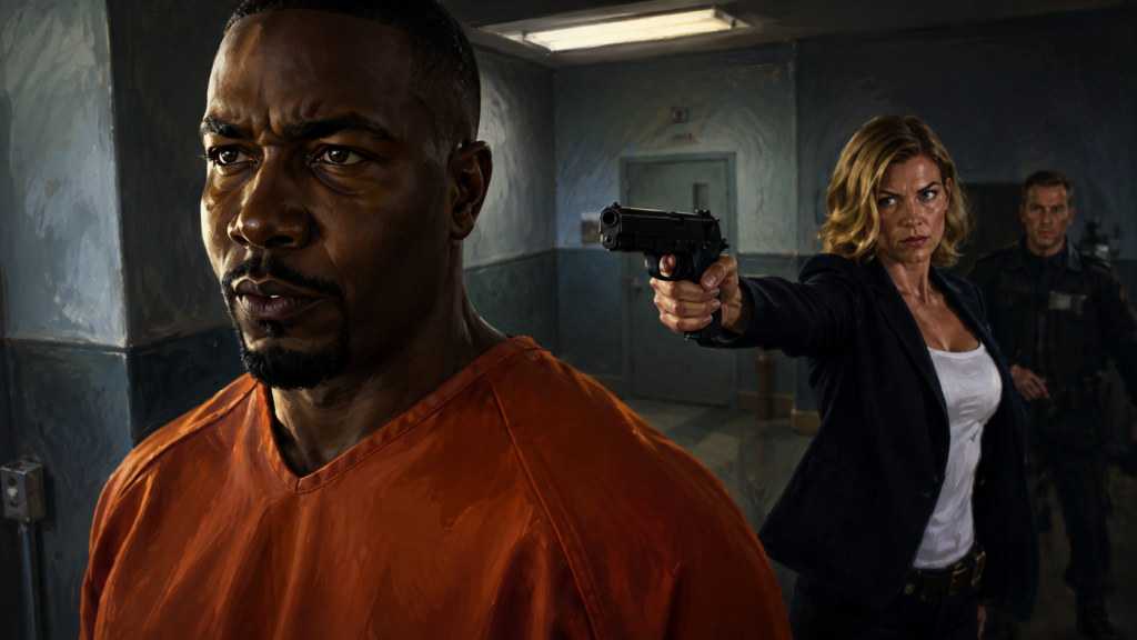 イメージ：『S.W.A.T. アンダーシージ』で、スコーピオンを思わせる男性にドワイヤーをイメージした女性が銃を向ける裏切りの緊迫した場面