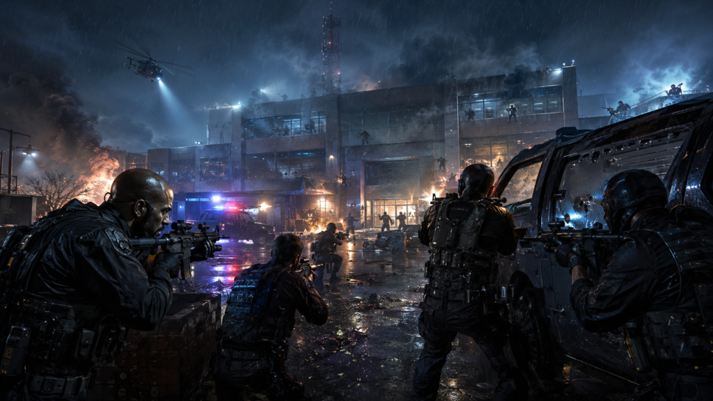 イメージ：雨の夜、武装集団に包囲されたS.W.A.T.本部を前に、隊員たちが銃を構えて応戦する包囲戦の場面