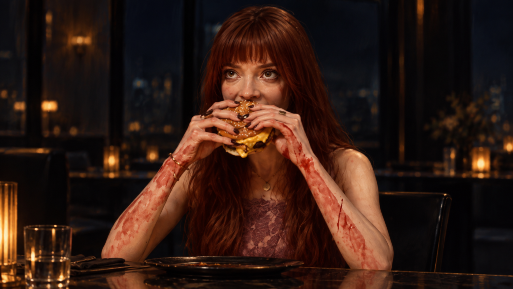 イメージ：映画『ザ・メニュー』でマーゴがチーズバーガーを食べる場面