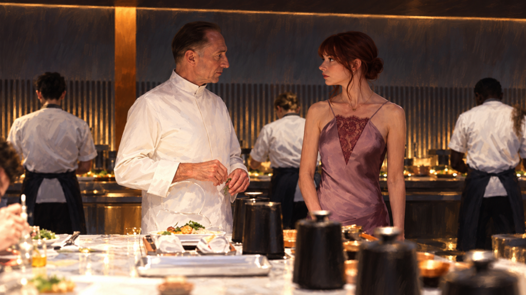 イメージ：映画『ザ・メニュー』で厨房のスローヴィクと向き合うマーゴ
