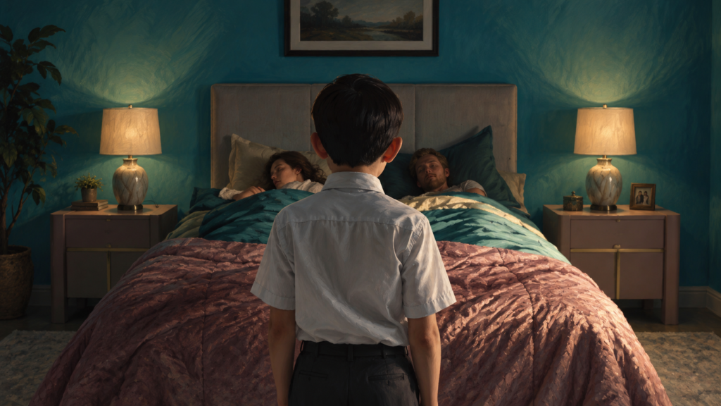 イメージ:映画『ビバリウム』で少年が寝室に立ちジェマとトムを見つめる不気味な場面