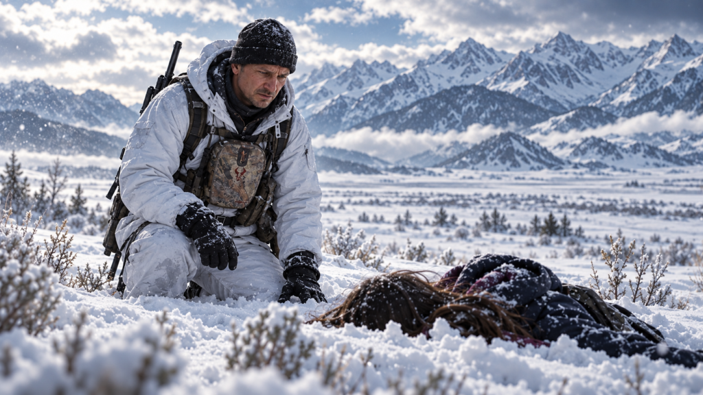 イメージ：映画『ウインド・リバー』でコリーが雪原に倒れたナタリーを発見