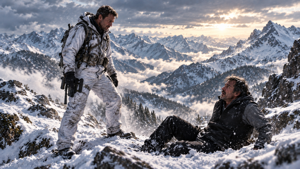 イメージ：映画『ウインド・リバー』でコリーが雪山でピートを追い詰め最後の裁きを下す場面