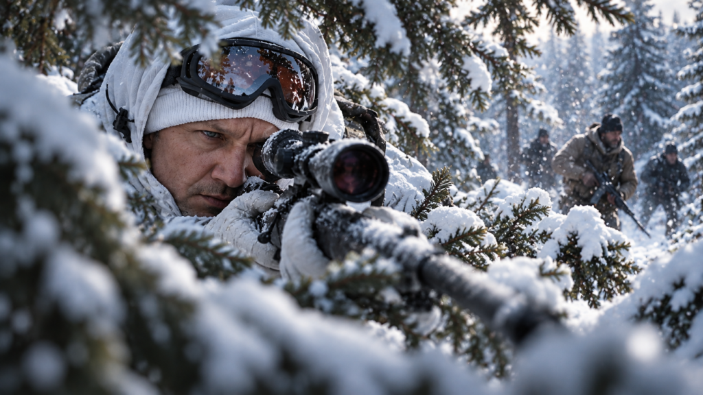 イメージ：映画『ウインド・リバー』でコリーが雪深い森から警備員たちを狙う緊迫した場面