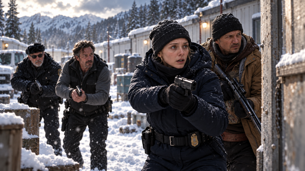 イメージ：映画『ウインド・リバー』でジェーンと警察官たちが雪の掘削施設へ慎重に近づく場面