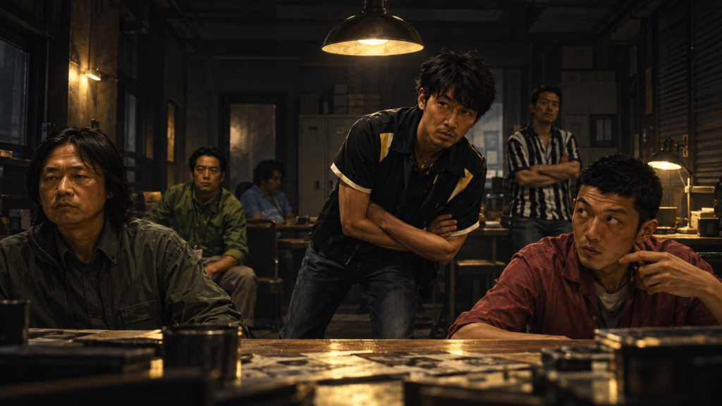 イメージ：映画『白ゆき姫殺人事件』でワイドショーとSNSによって疑惑が拡散していく編集室を描いた場面