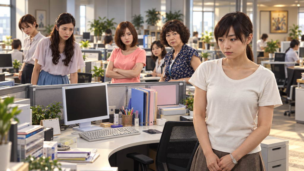 イメージ：映画『白ゆき姫殺人事件』の化粧品会社のオフィスで同僚たちの疑いを集める城野美姫