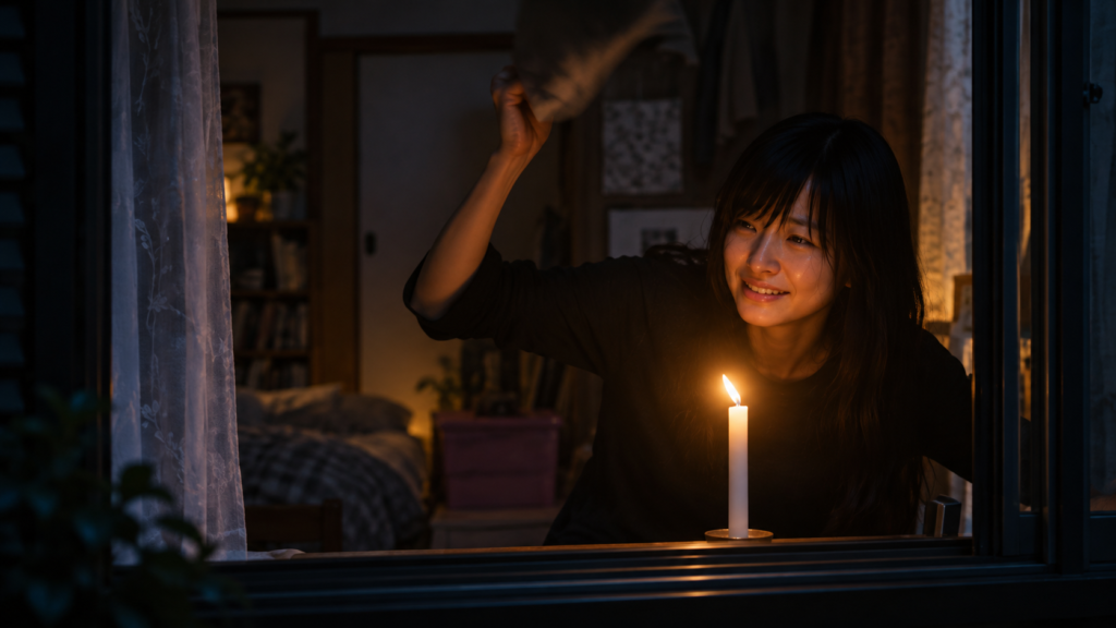 イメージ：映画『白ゆき姫殺人事件』のラストで夕子のろうそくの合図を見つめる城野美姫を描いた場面