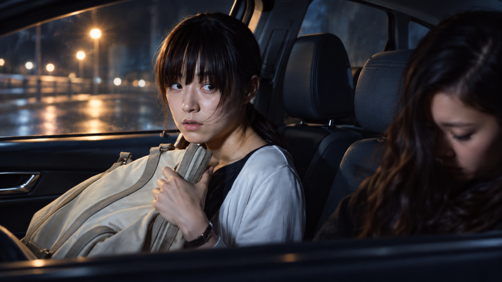 イメージ：映画『白ゆき姫殺人事件』で事件当夜、車内で不安そうに典子を見つめる城野美姫を描いた場面