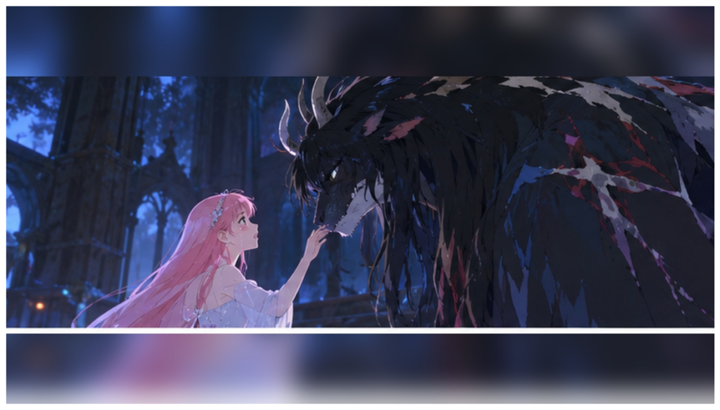 イメージ:『竜とそばかすの姫』でベルが傷を負った謎の竜と城で向き合う場面