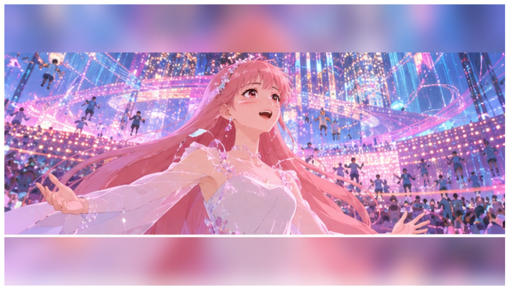 イメージ:『竜とそばかすの姫』の仮想世界Uで歌声を取り戻したベルが歌う場面