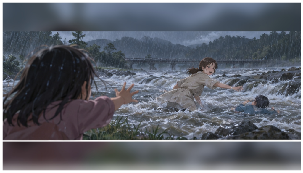 イメージ:『竜とそばかすの姫』で幼いすずが増水した川へ向かう母を見送る場面