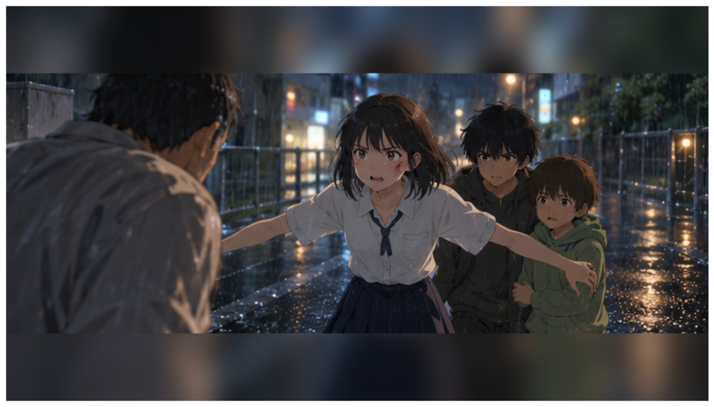 イメージ:『竜とそばかすの姫』ですずが雨の中で恵と知をかばい父親と対峙する場面