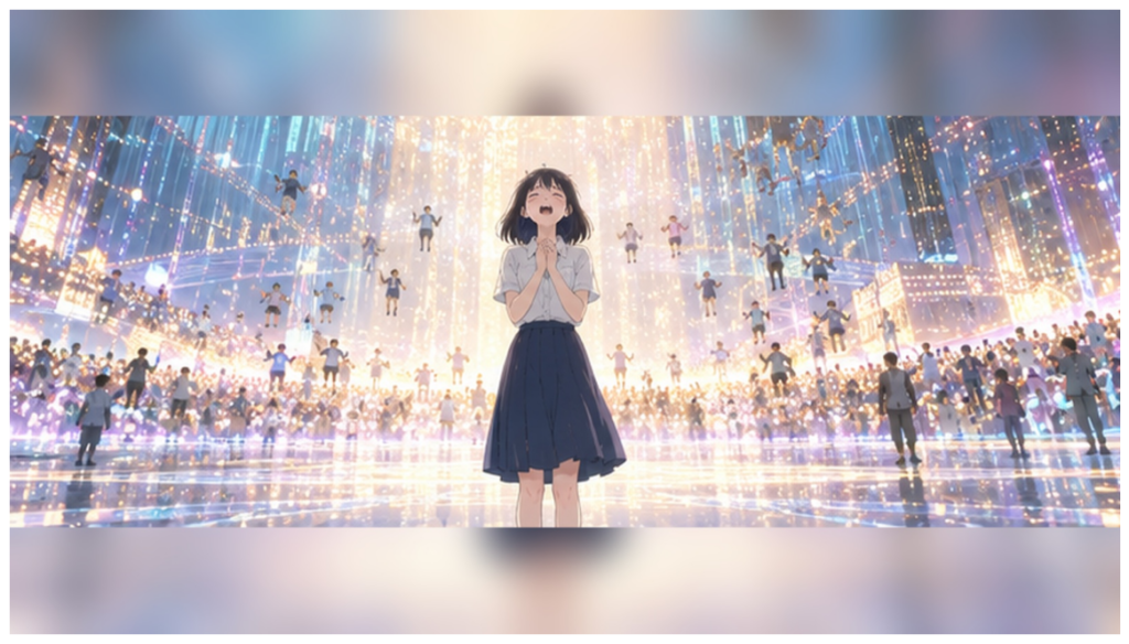 イメージ:『竜とそばかすの姫』ですずがベルの姿を捨て素顔のままUで歌う場面