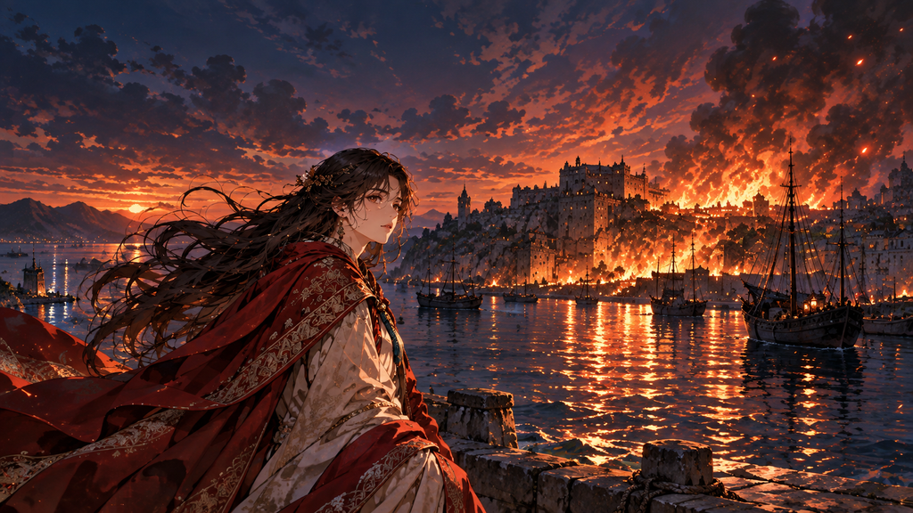 『煌夜祭』かしこいリィナが炎上するゼント島を見つめる場面のイメージ