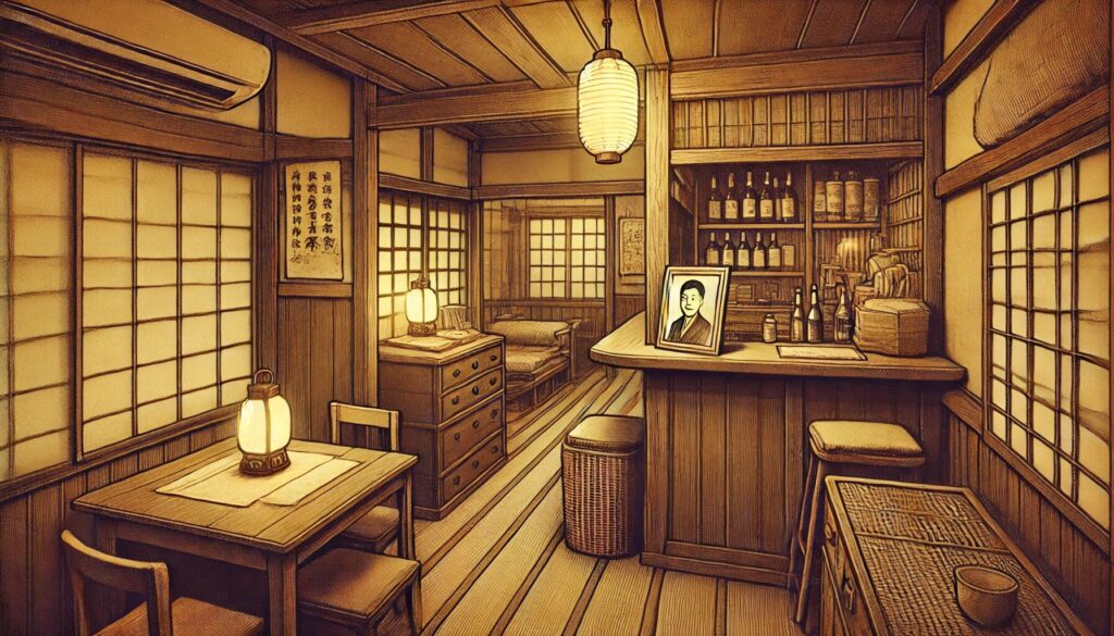 小さな居酒屋のセットが語る心理描写