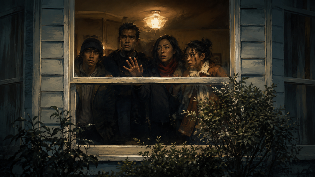 Netflix映画『ザ・ラストハウス』で家の窓から不安そうに外を見つめる家族4人
