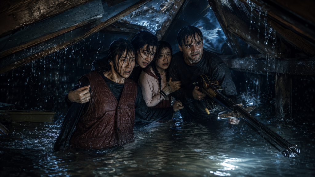 Netflix映画『ザ・ラストハウス』で浸水した家の中、武器を構えて未知の怪物を警戒する家族4人