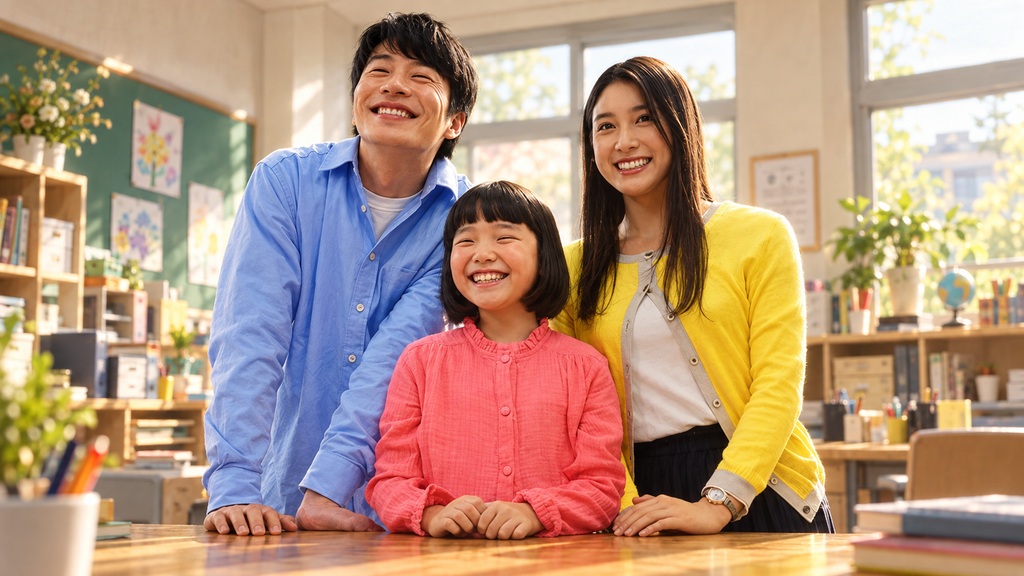 イメージ:映画『哀愁しんでれら』で大悟・小春・ヒカリの3人が家族の幸せそうな笑顔