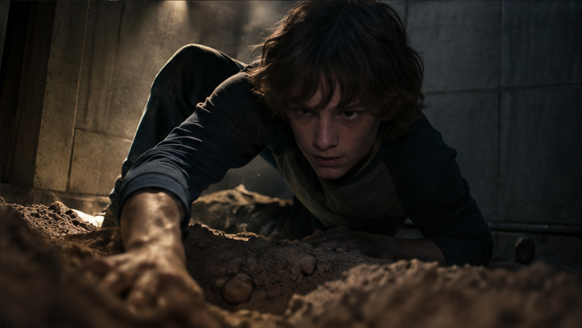 イメージ:映画『ブラック・フォン』で地下室の床を掘り脱出方法を探すフィニー