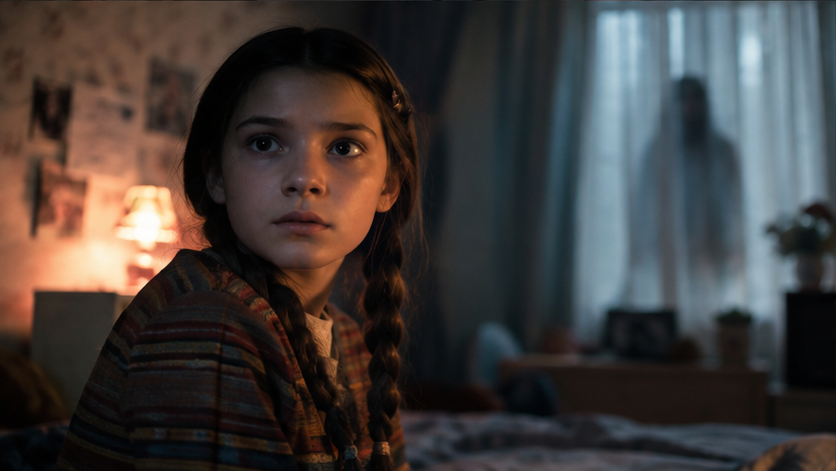 イメージ:映画『ブラック・フォン』で予知夢に不安を感じる妹グウェンを描いた