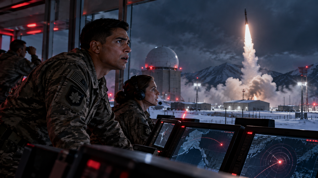 映画『ハウス・オブ・ダイナマイト』をイメージした、雪の基地で迎撃ミサイル発射を見守る兵士たちの緊迫した場面