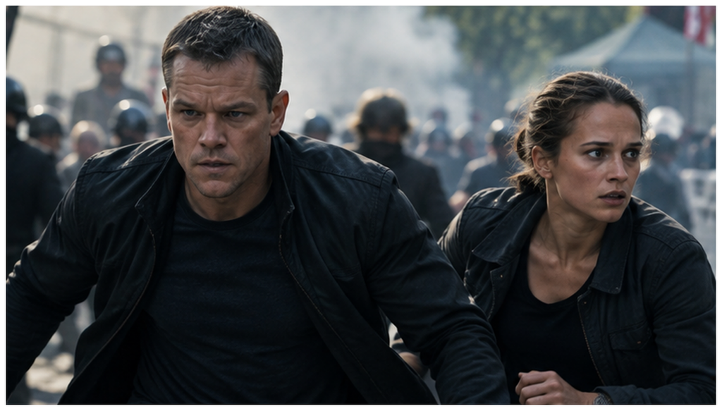 イメージ：映画『ジェイソン・ボーン』でアテネの混乱する街をボーンとニッキーが逃走する場面